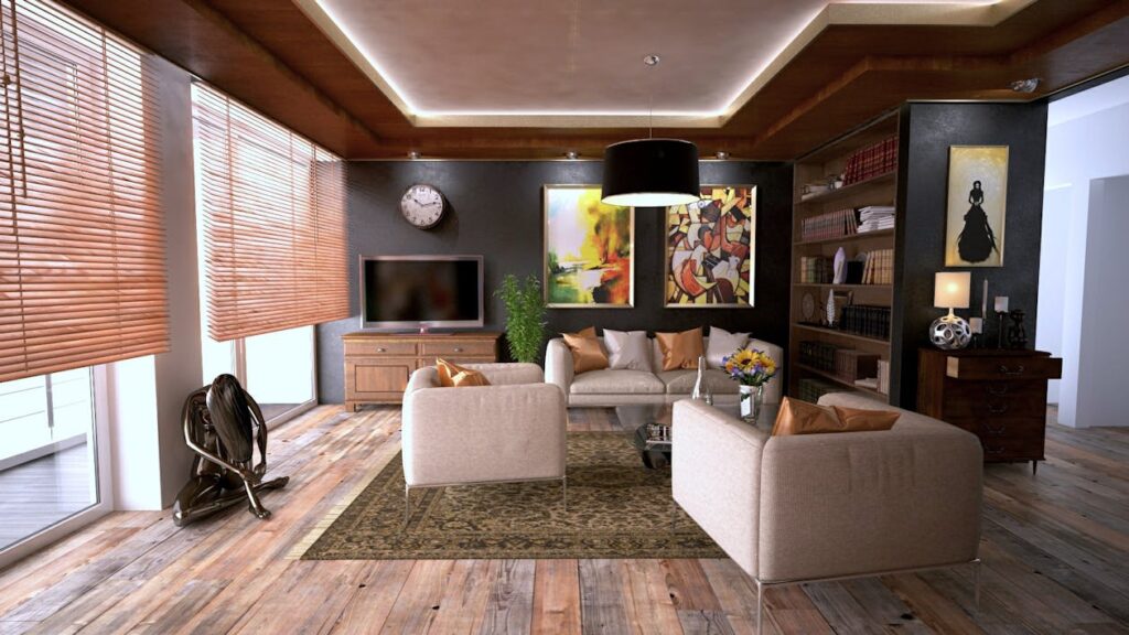 Bright, impeccably staged modern living room with designer furniture and a cohesive color palette, representing the aspira...